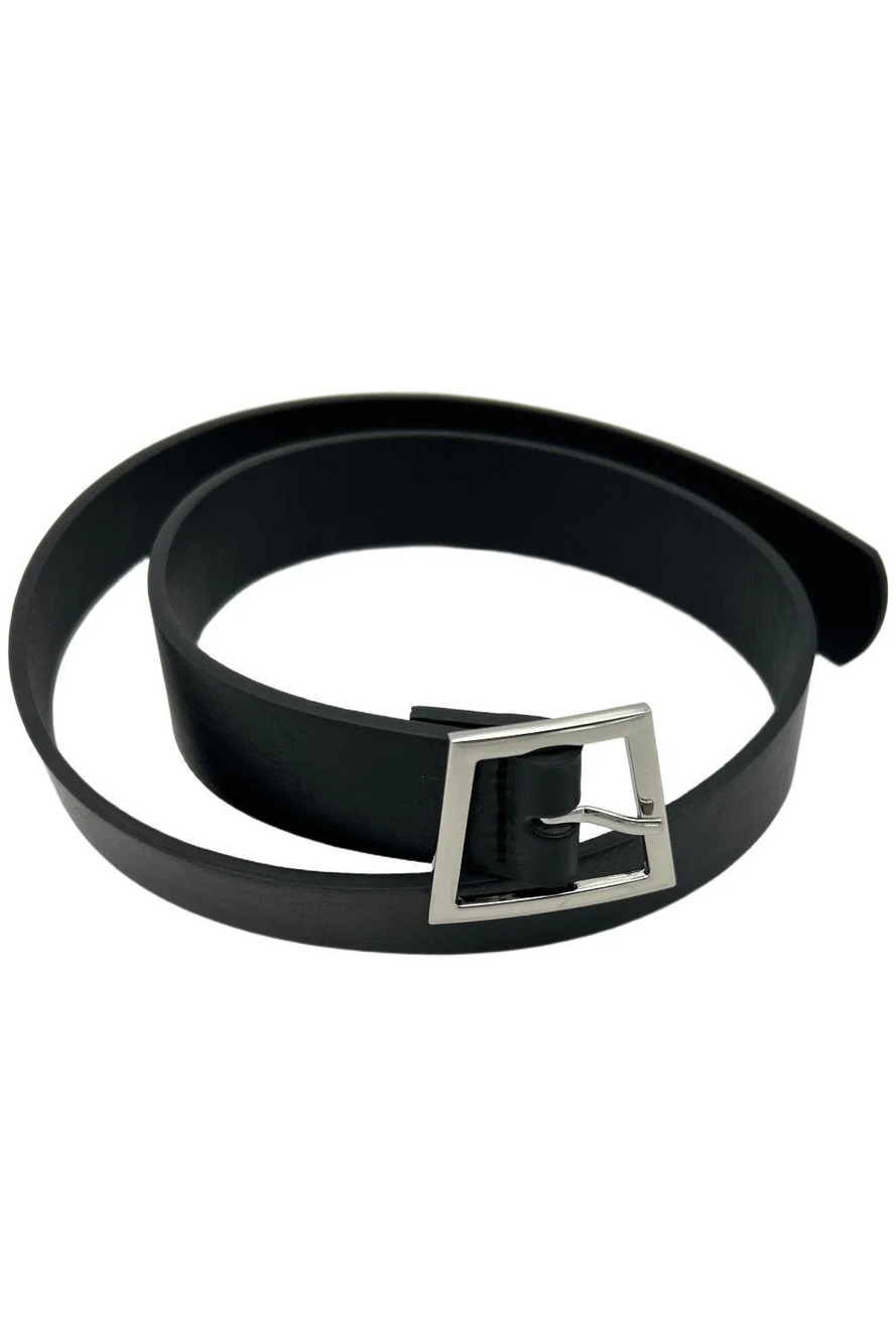 Susan Graver Women`s Faux Leather Belt with Metal Geo Buckle Black